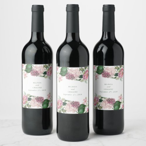 Romantic Watercolor Pink Flowers Garden Wedding Wine Label