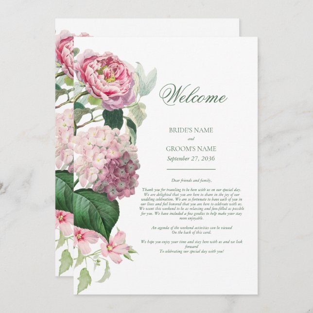 Romantic Watercolor Pink Flowers Wedding Itinerary Program (Front/Back)