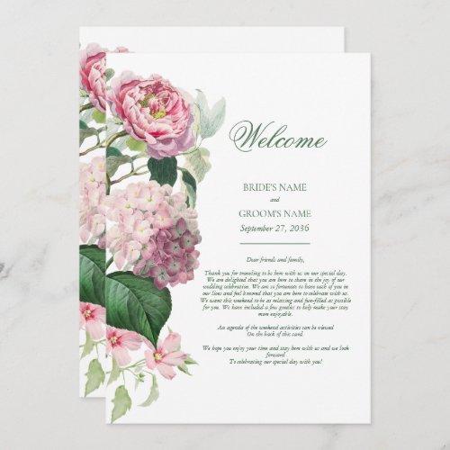 Romantic Watercolor Pink Flowers Wedding Itinerary Program