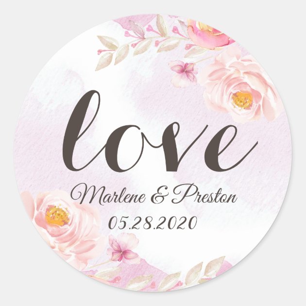 Romantic Watercolor Pink & Gold Floral Love Script Classic Round Sticker