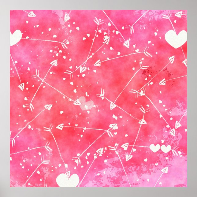 Romantic Watercolor Pink Hearts & Arrows Pattern  Poster (Front)