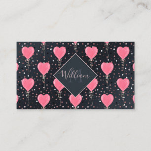 Romantic Watercolor Pink Hearts Balloons Confetti Business Card