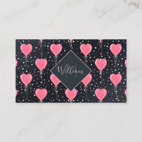 Romantic Watercolor Pink Hearts Balloons Confetti Business Card