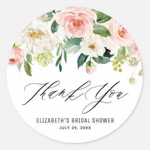 Romantic Watercolor Pink Peach Florals Thank You Classic Round Sticker