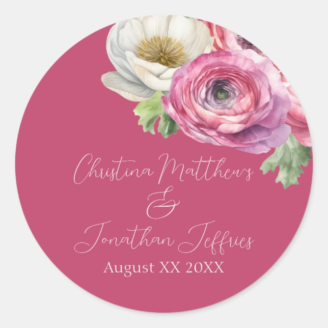 Romantic Watercolor Pink Ranunculus on Blush Classic Round Sticker (Front)