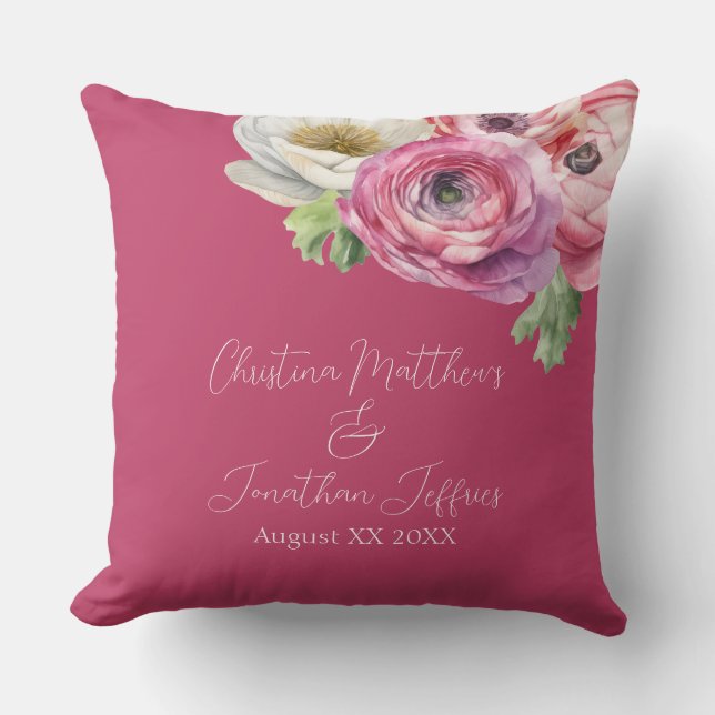 Romantic Watercolor Pink Ranunculus on Blush Throw Pillow (Front)