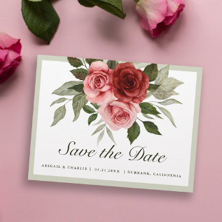 Romantic Watercolor Pink  Red Roses Save The Date Announcement Postcard