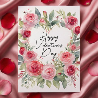 Romantic Watercolor Pink Rose Heart Valentine Card