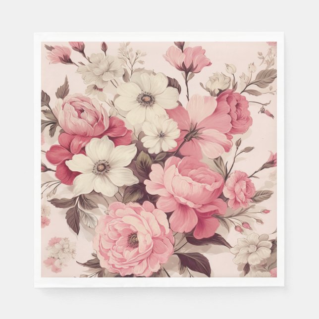 Romantic Watercolor Pink Roses & Apple Blossoms Napkins (Front)