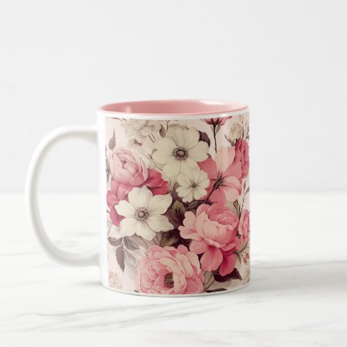 Romantic Watercolor Pink Roses  Apple Blossoms Two_Tone Coffee Mug