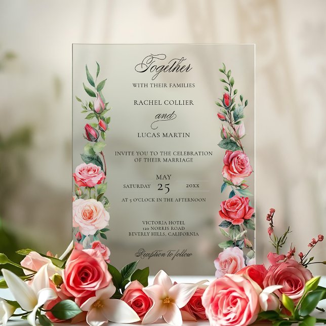 Romantic Watercolor Pink Roses & Calligraphy Acrylic Invitations (Creator Uploaded)