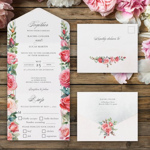 Romantic Watercolor Pink Roses  Calligraphy All In One Invitation