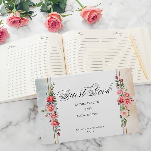 Romantic Watercolor Pink Roses  Calligraphy Guest Book