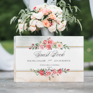 Romantic Watercolor Pink Roses & Calligraphy Guest Book