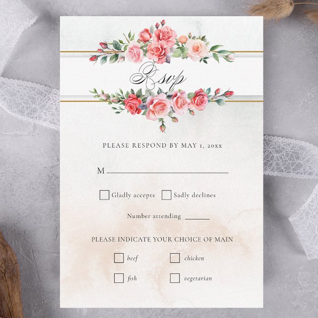 Romantic Watercolor Pink Roses & Calligraphy RSVP Card (Creator Uploaded)