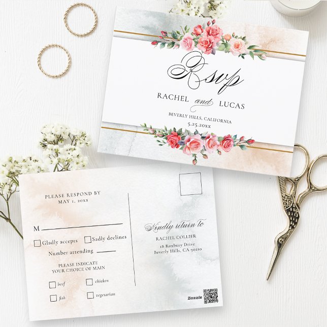 Romantic Watercolor Pink Roses & Calligraphy RSVP Postcard (Creator Uploaded)