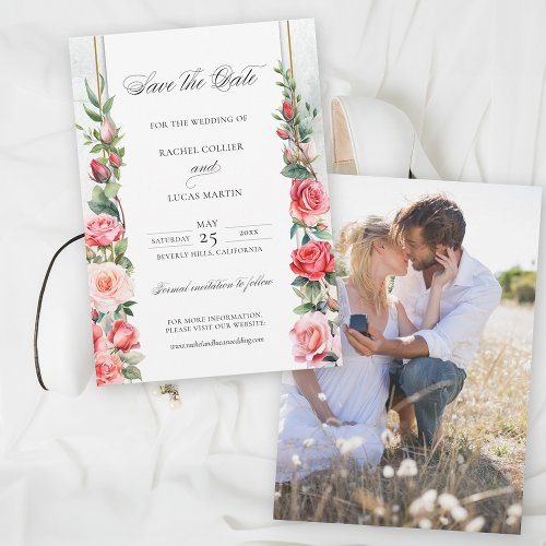 Romantic Watercolor Pink Roses  Calligraphy Save The Date