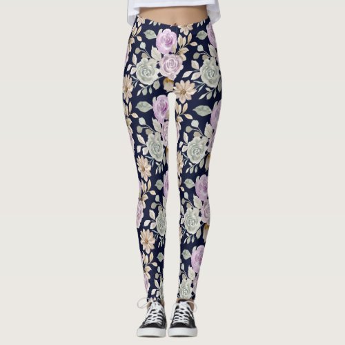 Romantic Watercolor Pink Roses Floral Boho Leggings