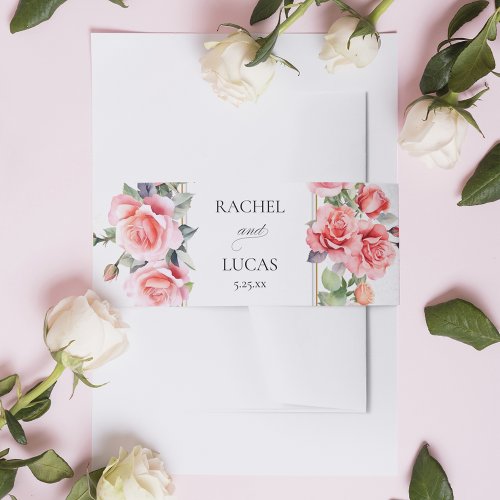 Romantic Watercolor Pink Roses Invitation Belly Band