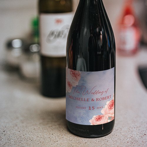 Romantic Watercolor Pink Roses on Blue Wedding  Wine Label
