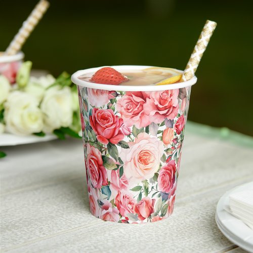 Romantic Watercolor Pink Roses Paper Cups