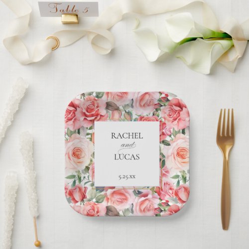 Romantic Watercolor Pink Roses Paper Plates