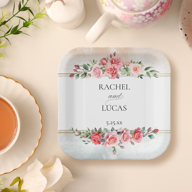 Romantic Watercolor Pink Roses Paper Plates (Creator Uploaded)