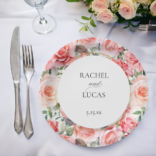 Romantic Watercolor Pink Roses Paper Plates