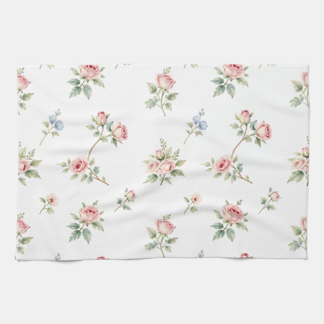 Romantic Watercolor Pink Roses Pattern Kitchen Towel (Horizontal)