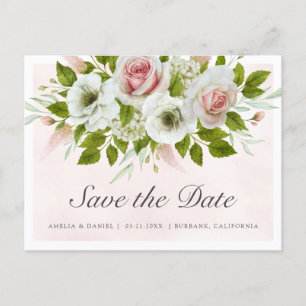 Romantic Watercolor Pink Roses Save The Date Announcement Postcard