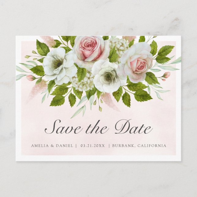Romantic Watercolor Pink Roses Save The Date Announcement Postcard (Front)