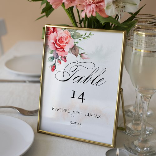 Romantic Watercolor Pink Roses Table Number