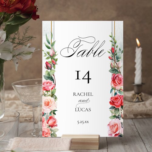 Romantic Watercolor Pink Roses Table Number