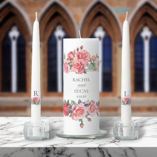Romantic Watercolor Pink Roses Unity Candle Set