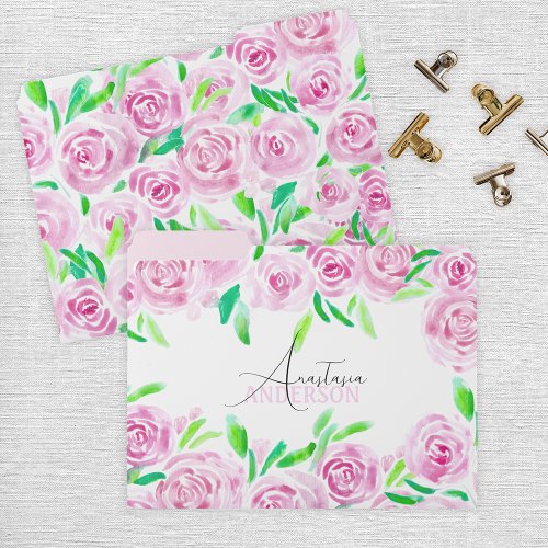 Romantic Watercolor Pink Roses with Green Leaves File Folder