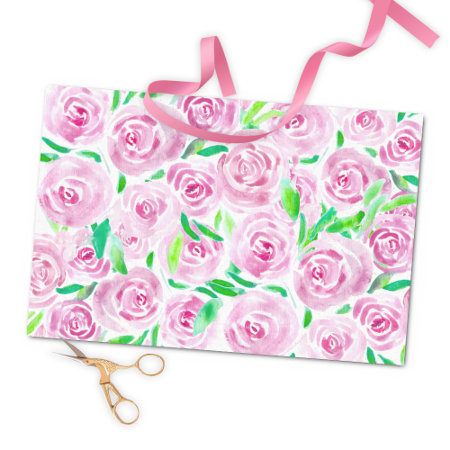 Romantic Watercolor Pink Roses with Green Leaves