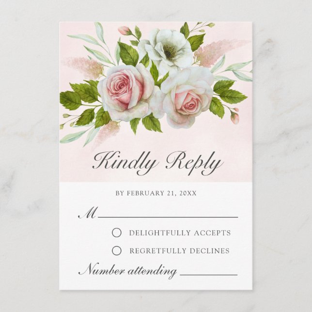 Romantic Watercolor Pink White  Roses RSVP Card (Front)