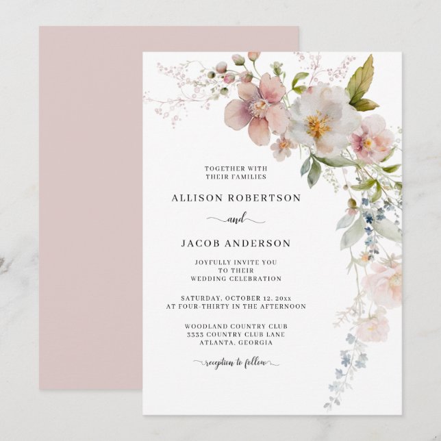 Romantic Watercolor Pink Wildflower Floral Wedding Invitation (Front/Back)