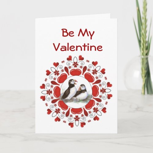 Romantic  Watercolor  Puffin Bird  Valentine Holiday Card