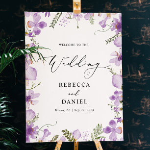 Romantic Watercolor Purple Floral Wedding Welcome Foam Board
