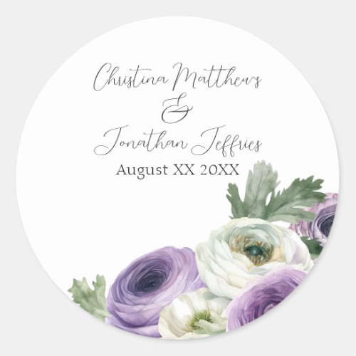 Romantic Watercolor Purple  White Ranunculus Classic Round Sticker