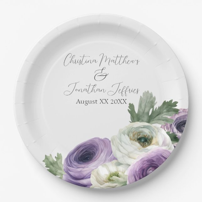 Romantic Watercolor Purple & White Ranunculus Paper Plates (Front)