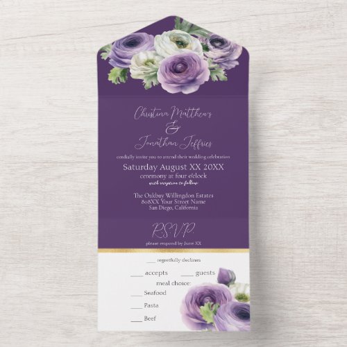 Romantic Watercolor Ranunculus on Dark Purple All In One Invitation
