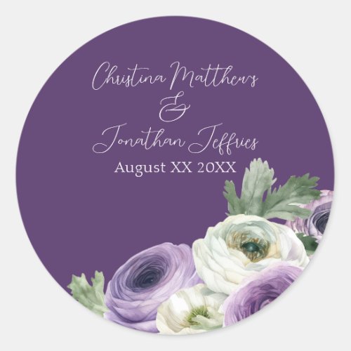 Romantic Watercolor Ranunculus on Dark Purple Classic Round Sticker