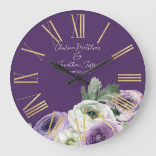 Romantic Watercolor Ranunculus on Dark Purple Large Clock
