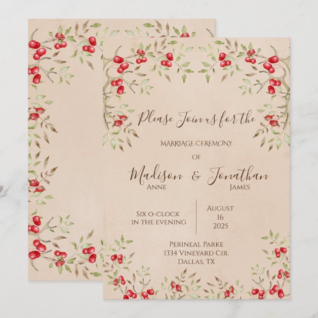 Romantic Watercolor Red Berries Script Wedding Invitation (Front/Back)