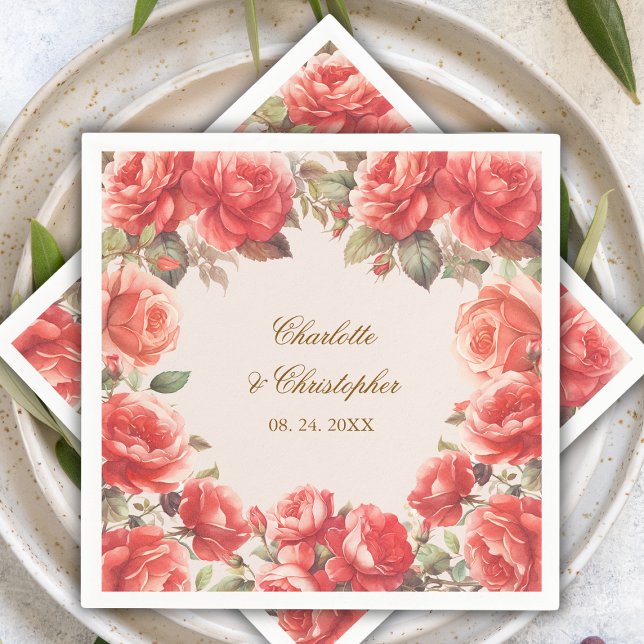 Romantic Watercolor Red Roses Floral Wedding Napkins (Creator Uploaded)