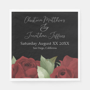 Romantic Watercolor Red Roses on Black Napkins