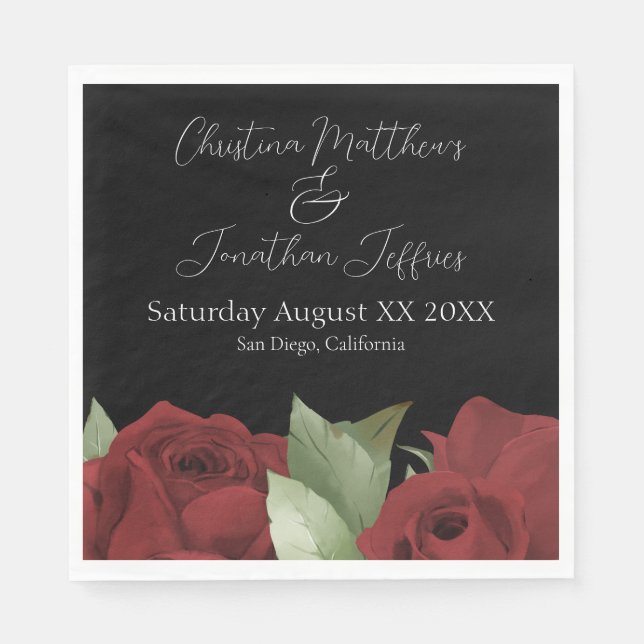 Romantic Watercolor Red Roses on Black Napkins (Front)