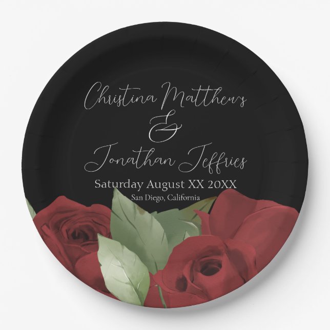 Romantic Watercolor Red Roses on Black Paper Plates (Front)